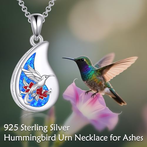 925 Sterling Silver Urn Necklace for Ashes, Teardrop/Tree of Life/Sunflower/Dragonfly/Sea Turtle/Celtic Knot/Elephant/Hummingbird Memorial Cremation Pendant Necklaces for Animal Human Ashes - color: J: Hummingbird