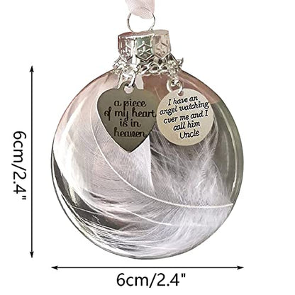 Clear Christmas Memorial Ornament Feather Ball, A Piece of My Heart is in Heaven Loss of Loved One Uncle Christmas Tree Hanging Sympathy Gift with Silk Ribbon & Red Gift Box - color: Uncle