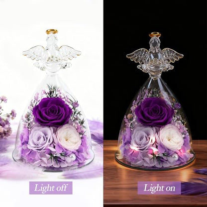 Casaido Mothers Day Rose Gifts for Women, 7" Purple Preserved Roses Flowers in Glass Angel Figurine, Birthday Gift for Mom Wife Grandma, Eternal Rose for Valentines Christmas Anniversary - color: Purple
