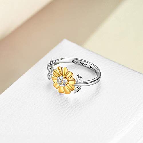 ONEFINITY Bee-Live You are My Sunshine Sterling Silver Sunflower Rings with Bee/Ladybug Open Adjustable Ring for Women