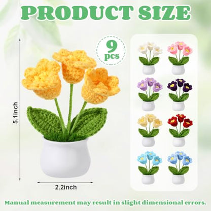 9 Pack Crochet Flower Bouquet Pot Bulk Thank You Gifts Handmade Knitted Flower Mini Floral Plant for Women Coworker Summer Wedding Home Table Car Decor(Lily of The Valley) - style: Lily of the Valley