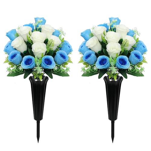 Artificial Cemetery Flowers,Cemetery Flowers for Grave,Outdoor Grave Decorations Roses,Memorial Flowers Bouquet with Cemetery Vase for Headstone Tombstone Decoration,2 Sets (Blue White) - color: Blue White
