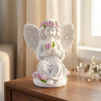 Guardian Angel Statue Angels Figurines with Pink Tulips | Resin Cherub Statue, Outdoor Statues For Garden, Sympathy Guardian Angel Gift, Angel Gifts For Women, Yard Statues - color: Tulip