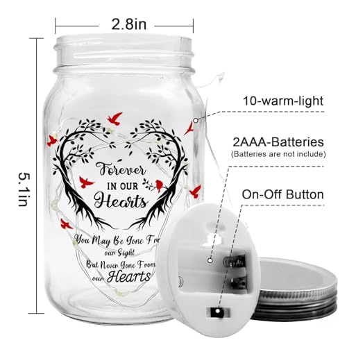 Jar Night Light, Glass Lamp, 5x3 Inch, Memorial Gift Sympathy - color: Forever In Our Hearts