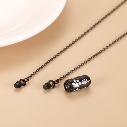 Pet Cremation Jewelry Stainless Steel Paw Print Tube Urn Necklace For Cat Dog Ashes Necklace For Women Keepsake With Filling Kits - color: Black Necklace