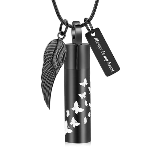 Hearbeingt Cylinder Cremation Jewelry Paw Print Urn Necklaces for Ashes | Stainless Steel,with Charm Wing,for Women Men,Memorial Necklace,Ash Pendant for Human Pet,Keepsake Jewelry,Gift,Fill Tool - color: Butterfly-Black