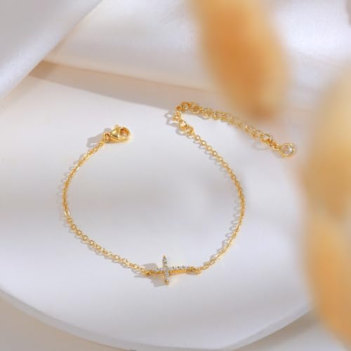 Moodear Cross Bracelet for Women, Dainty Sterling Silver/Gold Plated Gift | Christian Religious Gifts for Teen, Stocking Stuffers, Adjustable Link Bracelets, Sparkling CZ Cross, Non Tarnish Jewelry - color: CZ Gold Cross Bracelet