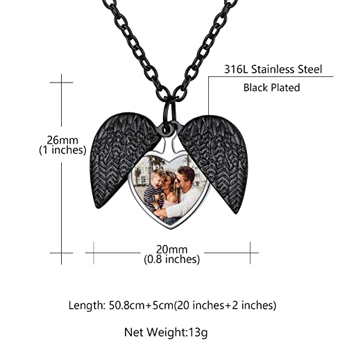 Custom4U Personalized Heart Locket Necklace with Pictures,Sunflower/Angel Wings/Heart Shaped Lockets Custom Photo,Gold/Rose Gold/White Lockets That Holds Picture,Customized Memorial Jewelry for Women - color: C-Angel Wings-Black(Locket + Photo + Engraving