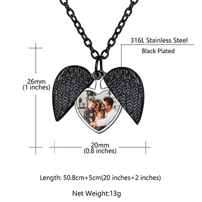 Custom4U Personalized Heart Locket Necklace with Pictures,Sunflower/Angel Wings/Heart Shaped Lockets Custom Photo,Gold/Rose Gold/White Lockets That Holds Picture,Customized Memorial Jewelry for Women - color: C-Angel Wings-Black(Locket + Photo + Engraving