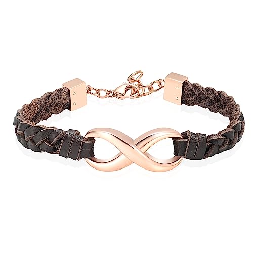 Infinity Cremation Bracelet for Ashes Genuine Leather Memorial Urn Bangle for Human Stainless Steel Keepsake Bracelet Jewelry for Women Men - color: Brown-Rose Gold