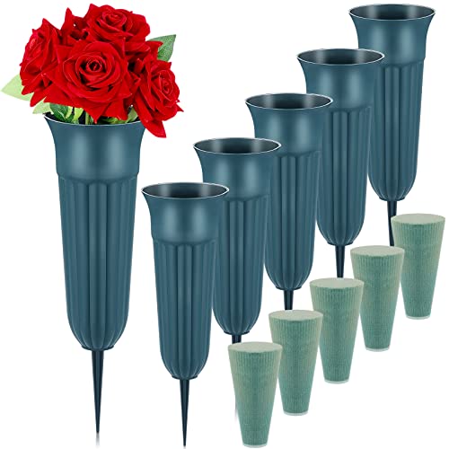 BBTO 6 Sets Large Cemetery Vases for Grave with Spikes and Foam Inserts, Memorial Grave Vases Cemetery Decoration Flower Holder for Fresh and Artificial Flowers(Dark Green,Taper) - color: Dark Green, style: Taper