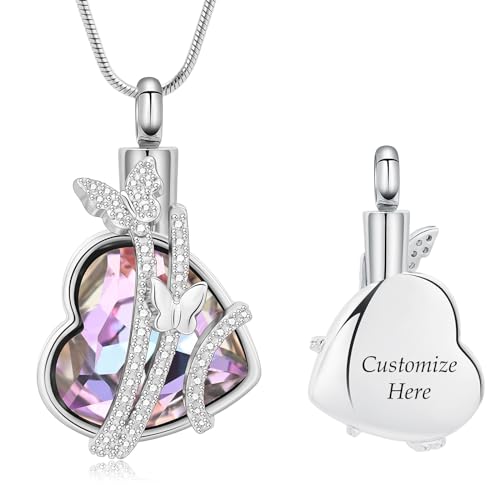 Cremation Jewelry for Ashes Rose Flower Urn Necklace with Crystal Heart Ashes Pendant Butterfly Necklaces for Women Men Memorial Keepsake Jewelry Gift - color: engraved