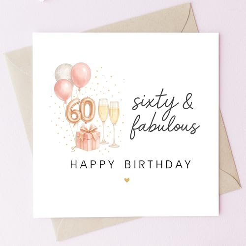 TEEMI-40th 50th 60th Birthday Card for Women - Fabulous Birthday Greeting Card with Envelope, Rose Gold Balloons Champagne Design, 300gsm Premium Cardstock, Blank Inside for Mom Sister Friend Wife (60th) - color: 60th