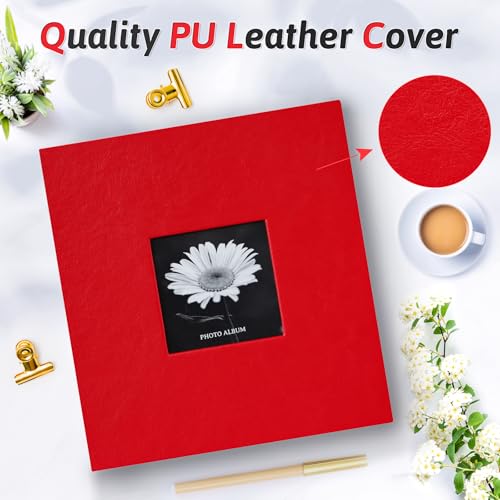 Popotop Photo Album 4x6 200 Photos with Writing Space, Leather Cover Album with Display Picture Window, Photo Book for Wedding Family Baby Gift - color: Red, size: 200 Pockets