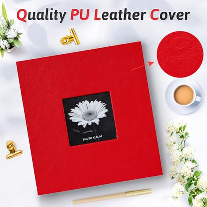 Popotop Photo Album 4x6 200 Photos with Writing Space, Leather Cover Album with Display Picture Window, Photo Book for Wedding Family Baby Gift - color: Red, size: 200 Pockets