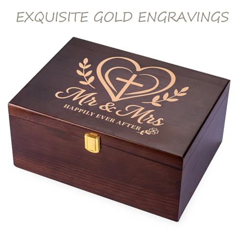 Larger Wooden Wedding Memory Keepsake Boxes With Hinged Lids and a photo frame inside the lid Bridal Shower Gifts - Engagement Gifts for Couples Newlyweds Mr Mrs Couple Bride Gift - 5.3“*8.6”*11.7“ - color: Brown