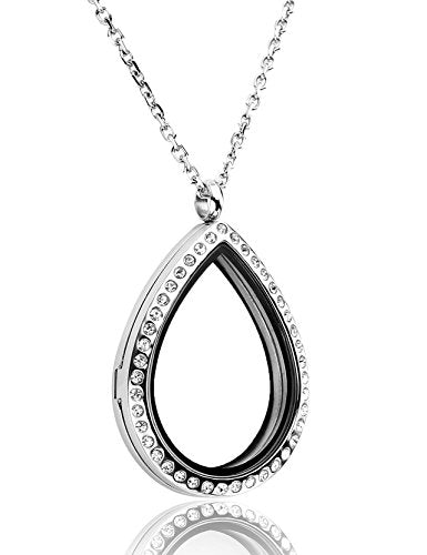 Jovivi Teardrop/Heart Floating Charm Memory Locket Necklace - 316 Surgical Stainless Steel Buckle Closure - color: Teardrop with Crystals