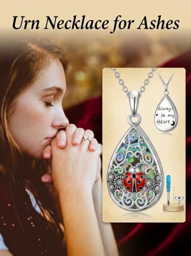 WINNICACA Urn Necklaces for Ashes 925 Sterling Silver Butterfly Hummingbird Dragonfly Teardrop Ash Necklace Cremation Jewelry Urn Pendants for Women Memorial Gifts for Birthday Christmas Funeral - style: 13-Ladybug Urn Necklace
