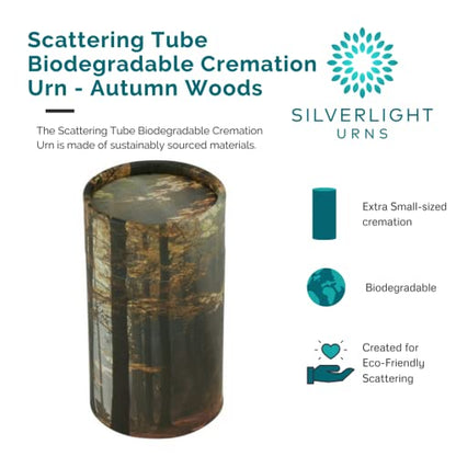 Autumn Woods Scattering Tube - Extra Small, Biodegradable Cremation Urn for Ashes, Extra Small Sized Cremation Urn, 5.25 Inches High - color: Autumn Woods