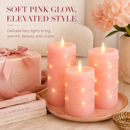 Upinmz Flickering Flameless Candles with Embedded String Lights, Battery Operated Candles with Remote Control and Timer,LED Candles for Home Decoration,Real Wax, 3 Pack Pink - size: Pink-Wax-3 Pack
