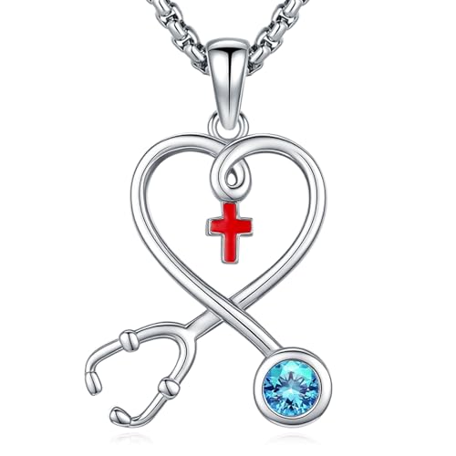 Angel Wings Necklace 925 Sterling Silver Guardian Angel Nurse RN Caduceus Pendant Charm Crystal Angel Jewelry Gifts for Women - style: H-Stethoscope-03-Mar.-Aquamarine