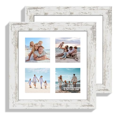 Hongkee 8x8 Picture Frame Set of 2, Collage Four 3x3 with Mat, Real Glass - color: Distressed White, size: 8x8 in matted to 4-3x3