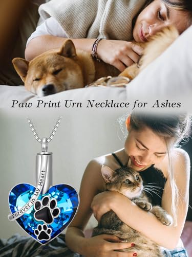 TOUPOP Sterling Silver Urn Necklace for Ashes with Crystal Memorial Keepsake Dragonfly/Butterfly/Cardinal/Cat/Dolphin Cremeation Jewelry Birthday Mothers Day Christmas Gifts for Her Women - style: Paw Print