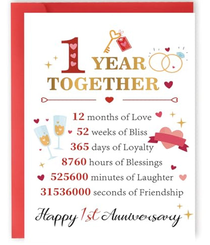 YiKaLus Happy 1st Anniversary Card,Romantic 1 Year Gifts for Him Her Couple | Sweet First Anniversary Greeting Card with Golden Number One and Love Ring Decor,Matching Red Envelope 8x5.3 Inch - style: card 469
