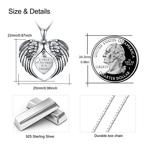 TUGHRA Memorial Necklace for Women Men, Angel Wings Heart Pendant 925 Sterling Silver A Piece of My Heart Is In Heaven Charm Necklace Sympathy Gift - style: 01-Angel