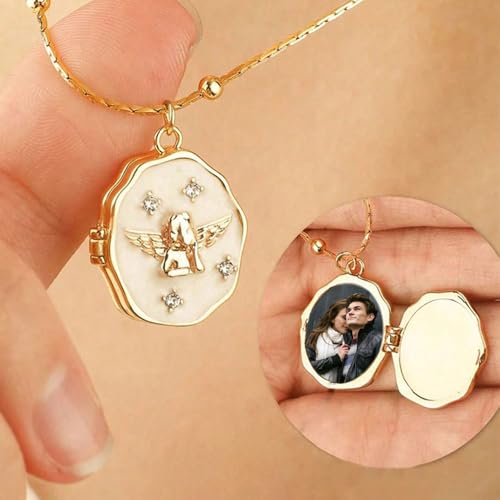Gold Locket Necklace for Women Vintage, Oval Angel Shell Locket Pendant that Holds Picture Photo Memorial Necklace Personalized Protection Jewelry Birthday Gifts