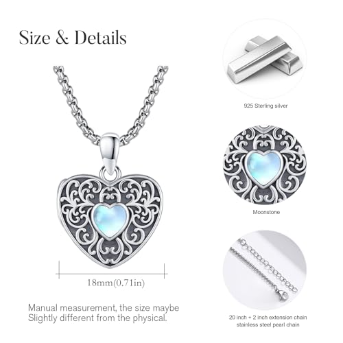 Locket Necklace for Women 925 Sterling Silver Celtic Locket Pendant Necklace Moonstone/Turquoise/Black Agate Heart Shaped Locket Necklace Jewelry Gifts for Women - style: Sunflower Filigree Pattern