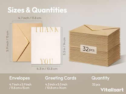 Vitalizart Foil-Stamped Thank You Cards with Envelopes 32 Pack 4.3" x 5.5" | 250 gsm Thick Textured Cardstock, Elegant Foil Design, Blank Inside for Business Wedding Bridal Shower Baby Shower Graduation - color: White Foil-Stamped, size: 32 pcs