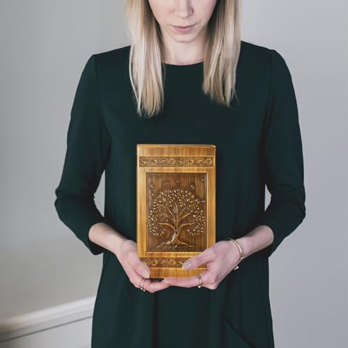 Wood Urn for Ashes for Women Tree of Life Carving Cremation Urns for Human Ashes Adult Male Female - Large 270 Cubic Inch, Funeral Memorial Decorative Urn Box with Satin Bag