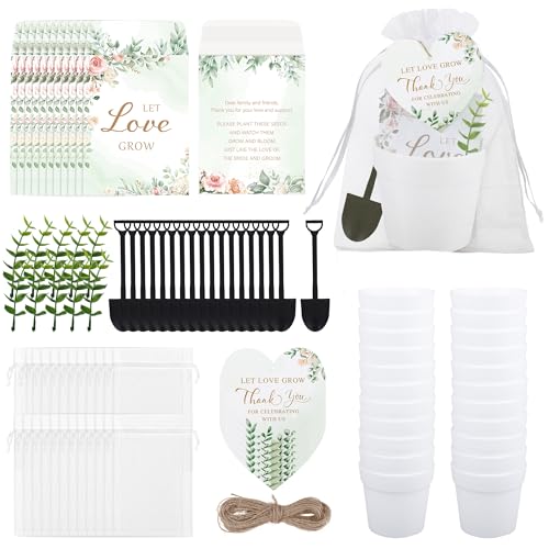 Aneco 48 Sets Let Love Grow Wedding Party Favors Seed Packet for Guests Include Self Adhesive Seed Envelopes Organza Bags Flowerpot Garden Shovel Eucalyptus Leaves for Bridal Guest Gifts(No Seeds) - style: Wedding