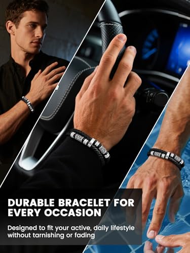 Bestyle Genuine Men Leather Bracelets Fashion Stainless Steel Celtic Beaded Wristband for Men, Size 7.5/8.3/9.1/9.8Inch Men Bracelet, Message Card Offered - style: 5.To My Grandson Message Card