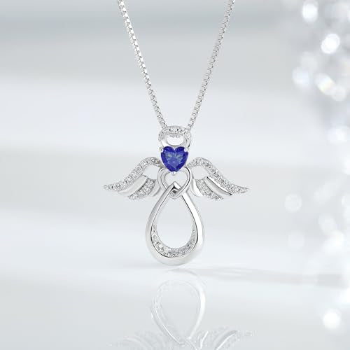 925 Sterling Silver Guardian Angel Pendant Necklace for Women with Birthstone Cubic Zirconia Little Angel Pendant Necklace Jewelry 18 inch Chain - color: 09-Sept-Sapphire