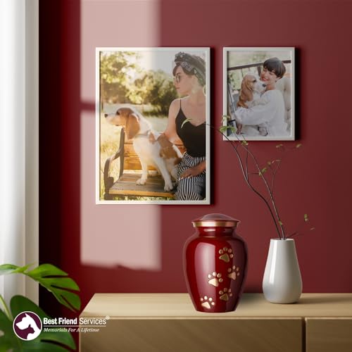 Ottillie Legacy Crimson/Brass/Vert Urn, up to 25lbs - color: Crimson, Vertical Brass Paws, size: Small
