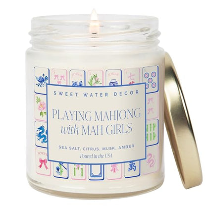 Sweet Water Decor Mahjong Candle, Mahjong Gifts for Women, 9oz Jar with Gold Lid, 40 Hour Burn Time, Non-Toxic Soy Wax Candle Scent Notes of Sea Salt, Citrus, Musk & Amber, Unique Game Night Decor - style: Mahjong