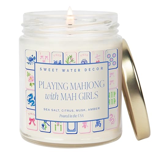Sweet Water Decor Mahjong Candle, Mahjong Gifts for Women, 9oz Jar with Gold Lid, 40 Hour Burn Time, Non-Toxic Soy Wax Candle Scent Notes of Sea Salt, Citrus, Musk & Amber, Unique Game Night Decor - style: Mahjong