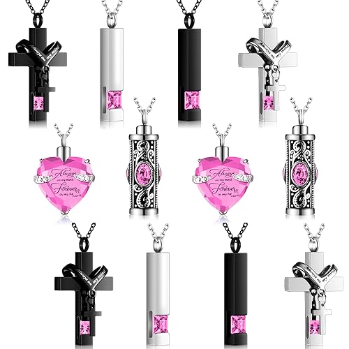 12 Pcs Urn Necklace for Ashes Bulk Cremation Cross Heart Cubic Jewelry Stainless Steel Memorial Locket for Men Women - color: Pink