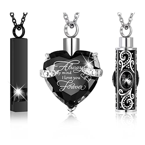 MTLEE 3 Pieces Cremation Urn Necklace for Ashes Vertical Bar Zircon, Heart Crystal Necklace Urn Stainless Steel Waterproof Memorial Pendant - color: Black Zircon