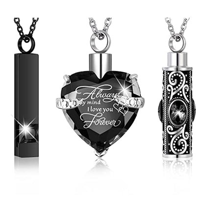 MTLEE 3 Pieces Cremation Urn Necklace for Ashes Vertical Bar Zircon, Heart Crystal Necklace Urn Stainless Steel Waterproof Memorial Pendant - color: Black Zircon