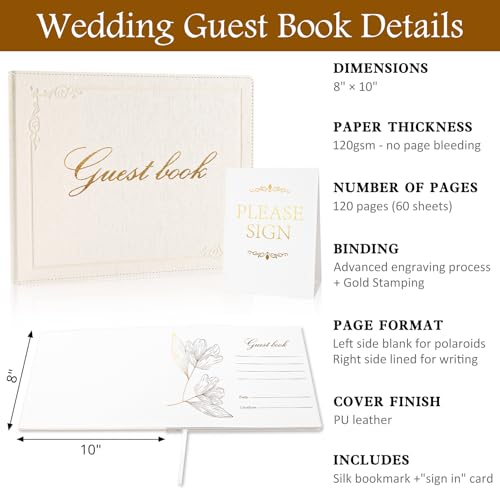 8x10 Inch Wedding Guest Book - 120 Blank & Lined Pages, Gold Foil PU Leather Hardbound Cover, Durable Sewn Binding, White - color: White
