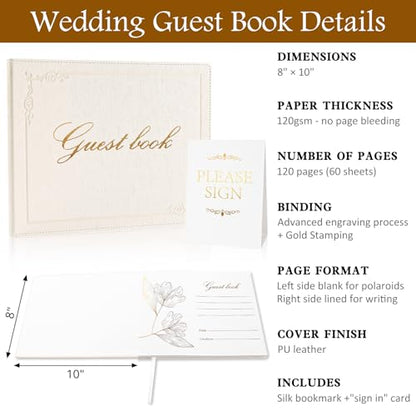 8x10 Inch Wedding Guest Book - 120 Blank & Lined Pages, Gold Foil PU Leather Hardbound Cover, Durable Sewn Binding, White - color: White
