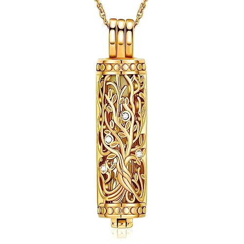 shajwo Cylinder Cremation Jewelry Tree of Life Urn Ashes Necklace for Women Men Vial Cremation Ash Pendant Loved One Memorial Jewelry - color: Gold-Glass