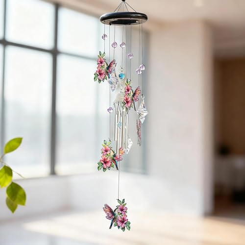 YU FENG Hummingbird Memorial Wind Chime, Crystal Suncatcher Garden Decor - style: Pink Garden – Hummingbird – 27 Inch