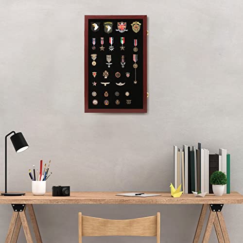 VERANI Pin Display Case Badge Display Frame Oversized Mahogany | Flexible layout arrangement,Premium real clear glass door,Solid wood matte black frame,Wall mountable design - size: 16x25 - Mahogany