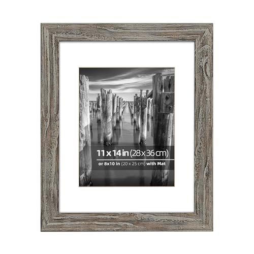 11x14 inch Reclaimed Barn Wood Picture Frame, Multiple Display Option, Ultra Clear Glass, with Mat for 8 x10 inch Photos, Frinearts, Distressed Weathered Wood - color: Grey Grain, size: 11x14 in Matted to 8x10 in