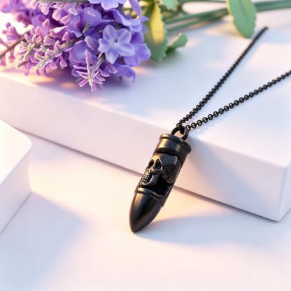 SIYUU Skull Bullet Urn Necklace for Ashes Stainless Steel Punk Cremation Keepsake Jewelry for Men Skeleton Bullet Urn Pendant Necklace Personalized Gothic Skull Bullet Memorial Jewelry - color: Customize