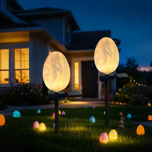 2 Pack Solar Easter Egg Lights Outdoor, Waterproof Solar Easter Yard Decorations Outdoor Easters Yard Stakes Lights for Outside Lawn Walkway Patio Cemetery Grave (Blending Colors) - color: 2 Pack Blending Colors Egg